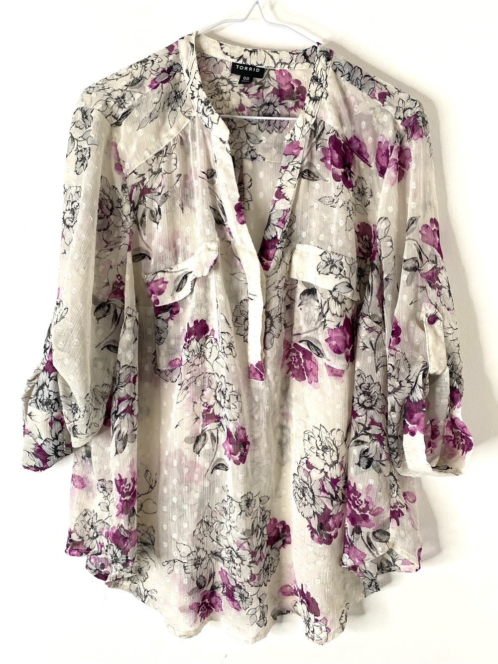 Torrid Ivory Purple Floral Swiss Dot Blouse Roll Tab Sheer Boho Plus